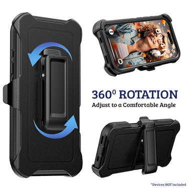 iPhone 16 Pro Rugged Armour Case Cover with 360° Rotation, Belt Clip, and Kickstand - Tough and Shockproof Protection Clip - Black